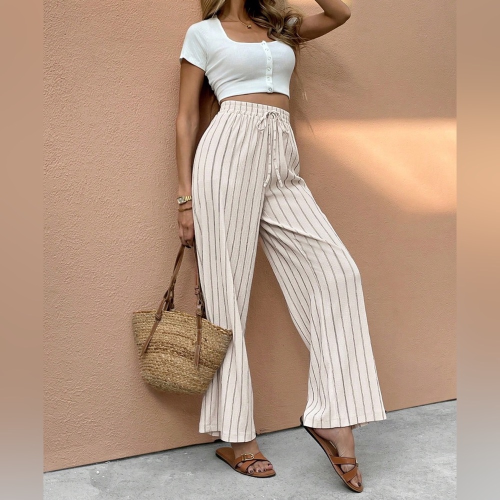 New! Striped Cream Wide-Leg Pants - Picture 3 of 4